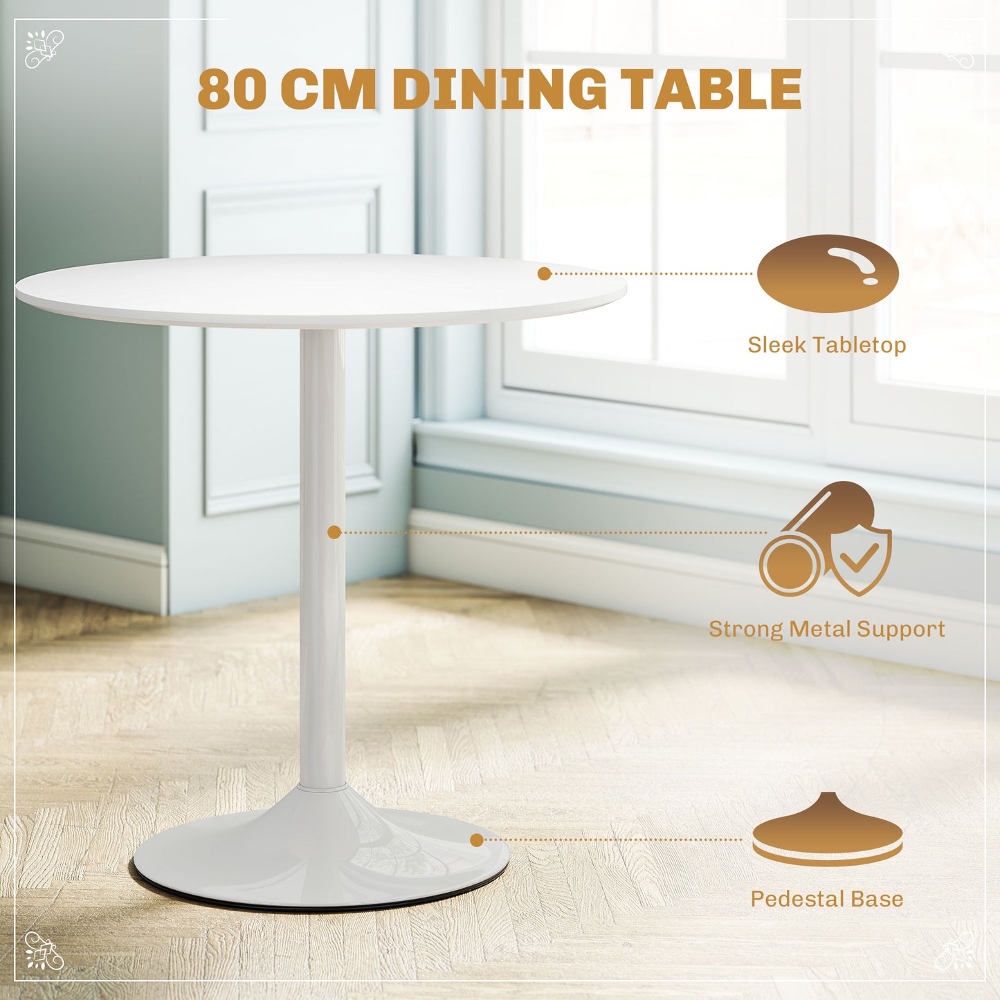 80cm Dining Table Set with 4 PU Padded Chairs, Solid Wood Legs, White