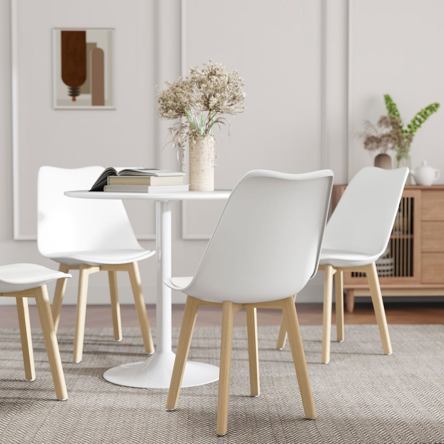 80cm Dining Table Set with 4 PU Padded Chairs, Solid Wood Legs, White