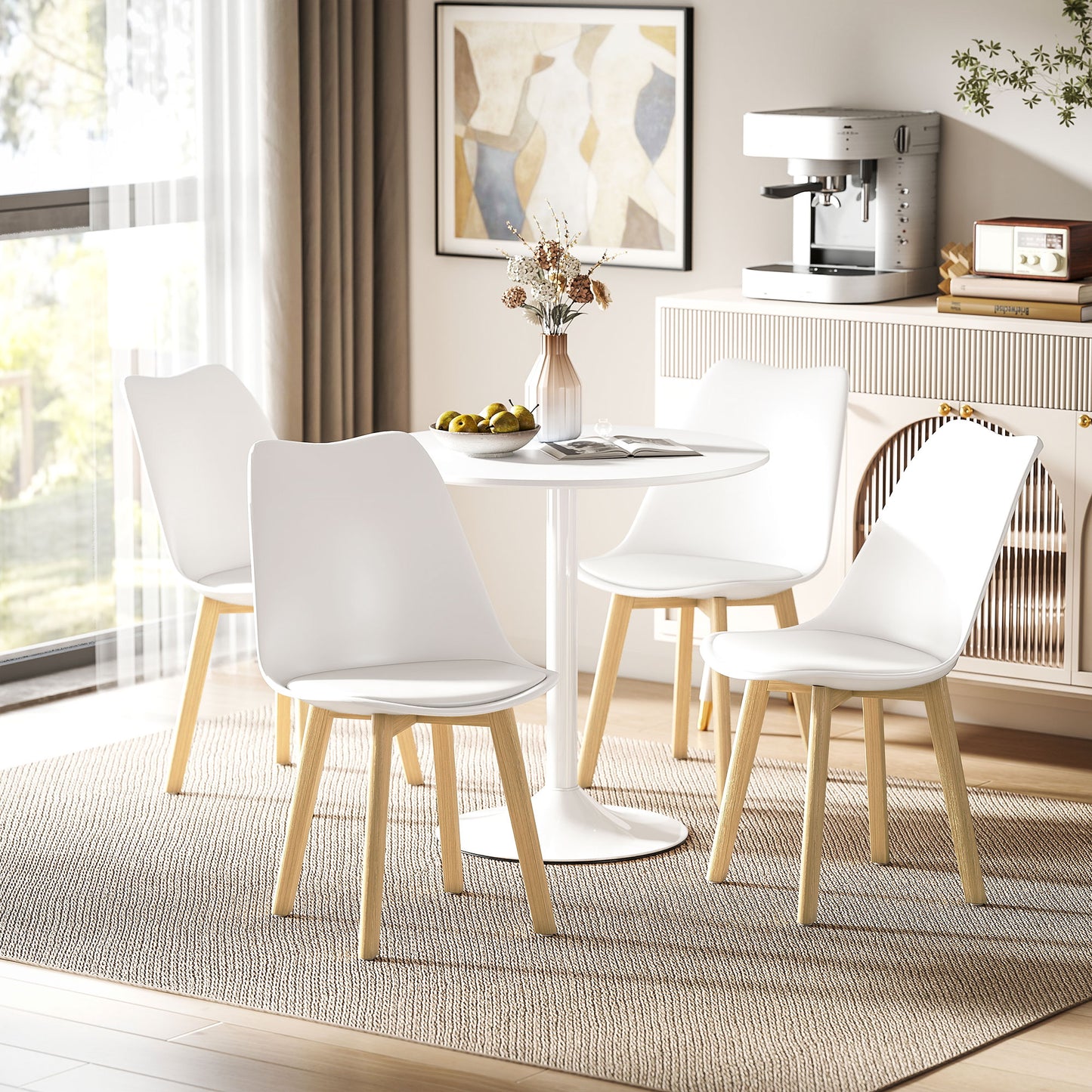 80cm Dining Table Set with 4 PU Padded Chairs, Solid Wood Legs, White