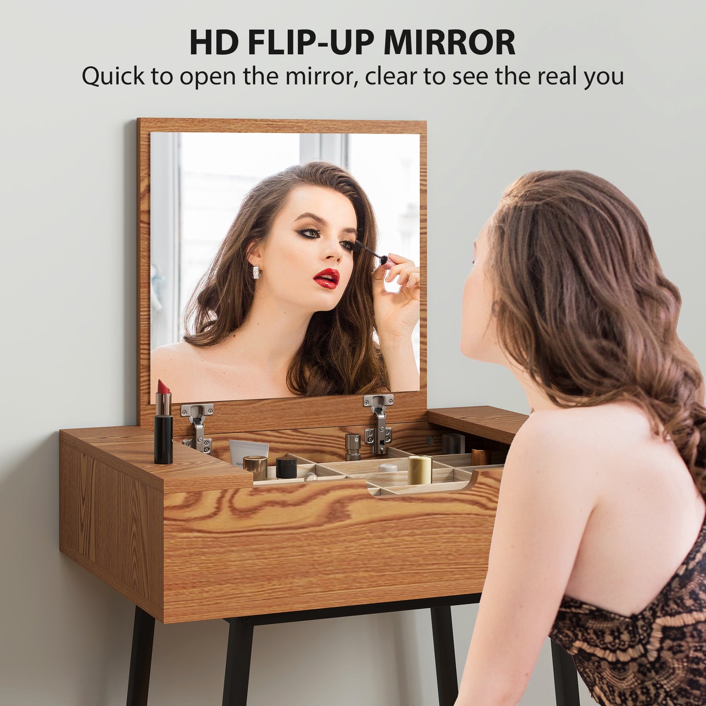 Industrial Vanity Desk with Mirror and Steel Legs Natural Wood Effect