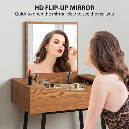 Industrial Vanity Desk with Mirror and Steel Legs Natural Wood Effect