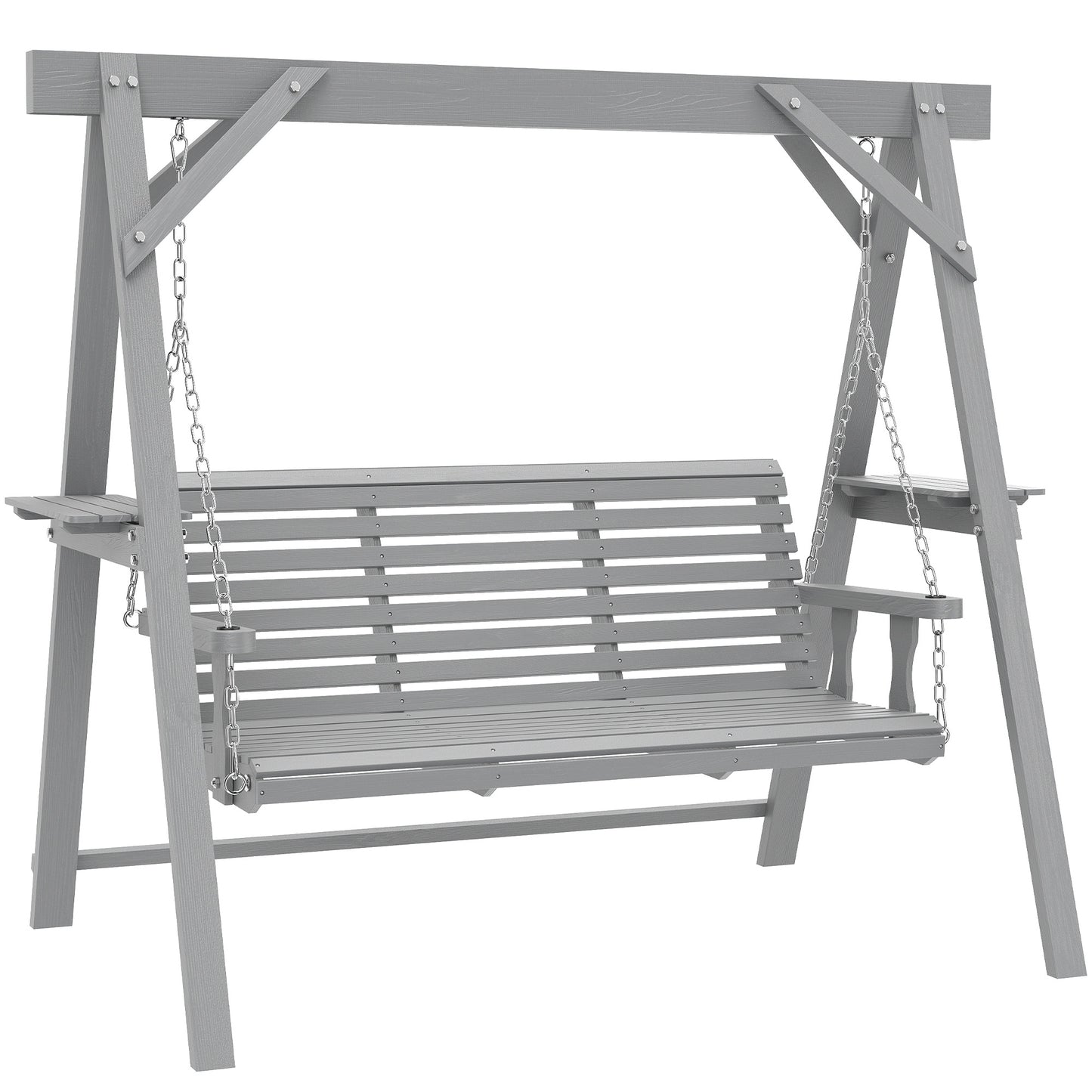 3 Seater Wooden Garden Swing Chair with Side Tables, Dark Grey
