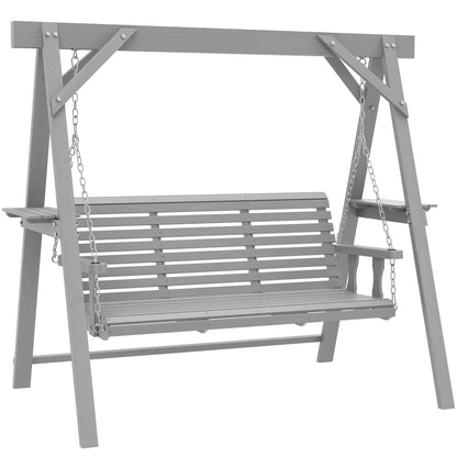 3 Seater Wooden Garden Swing Chair with Side Tables, Dark Grey