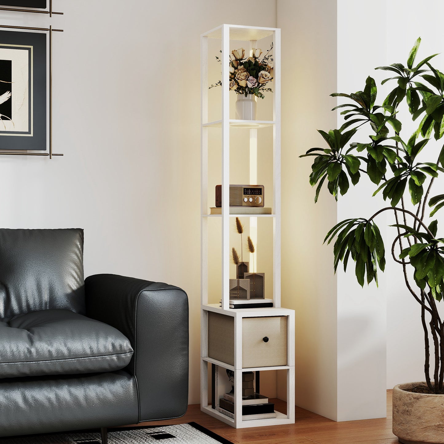Floor Lamp with Shelves, LED Standing Lamp with Fabric Drawer, White