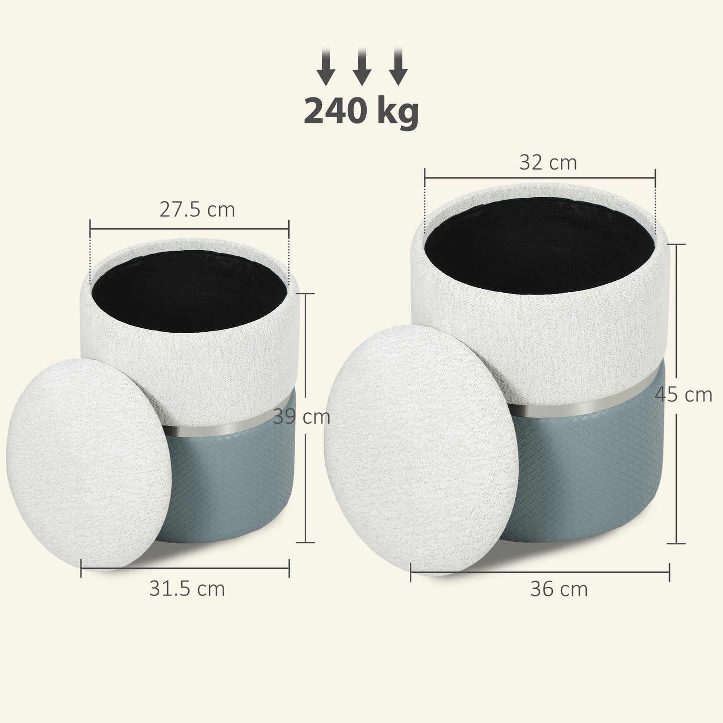 Round Storage Ottoman Set of 2, Nesting Footrest Stool, Cream & Grey