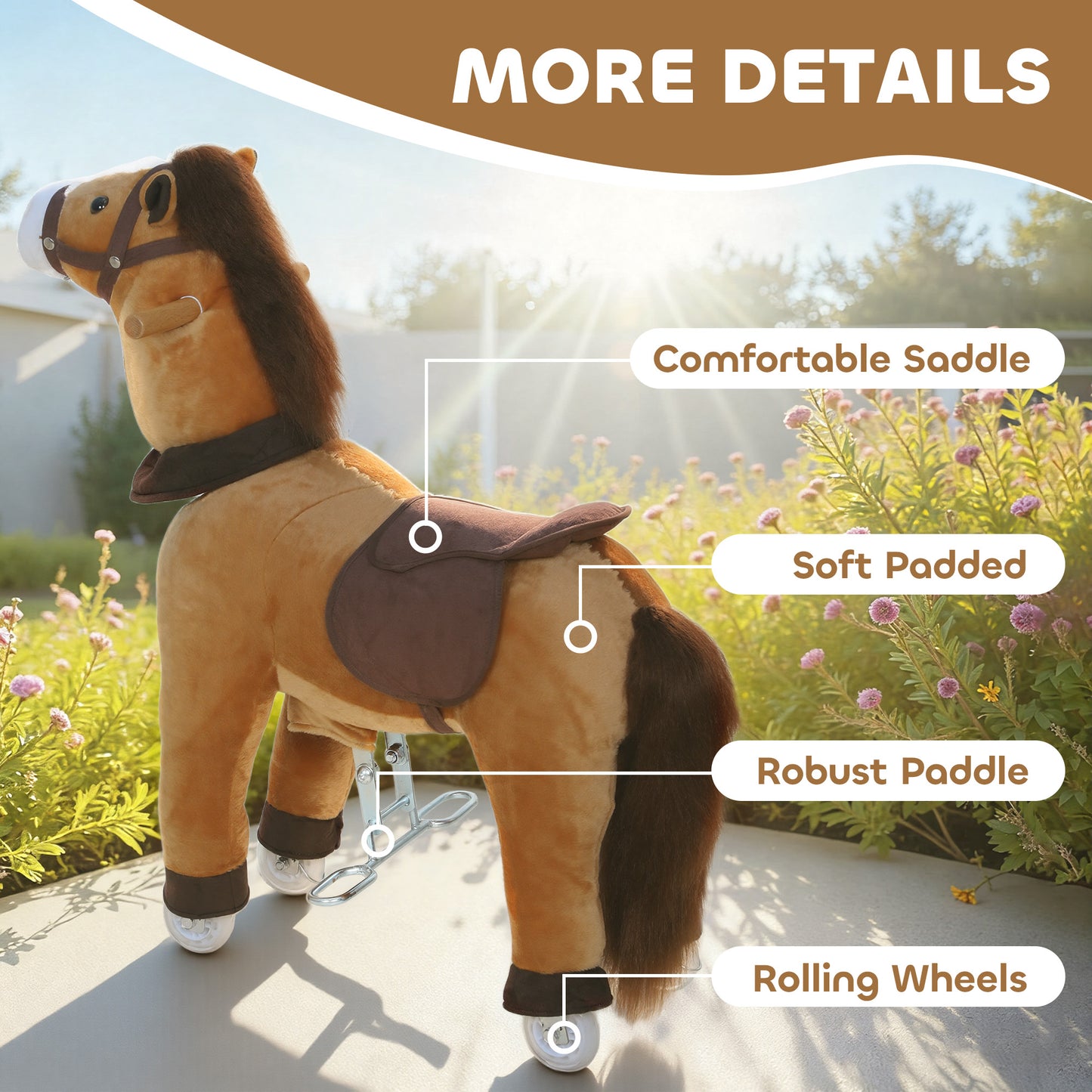 Ride On Horse, Mechanical Walking Horse Toy with Wheels and Saddle for Ages 3-5 Years Old, Action Plush Animal up to 55 Pounds, Brown