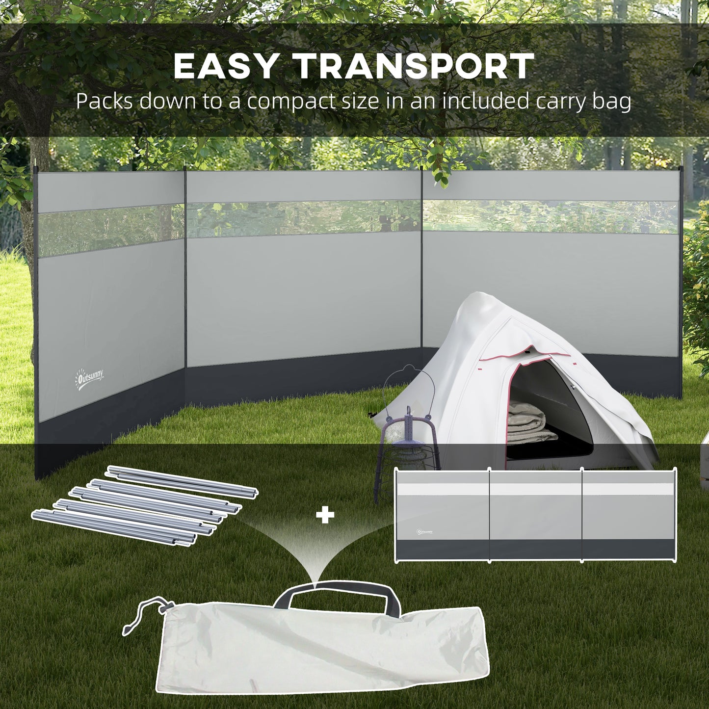 Beach/Camping Windbreaks with Clear Windows and Carry Bag, 440 x 140cm, Grey