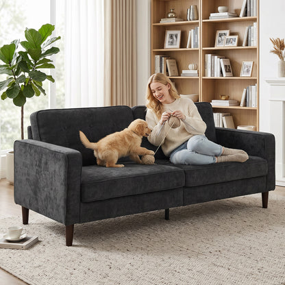 3 Seater Sofa, Upholstered Small Couch for Bedroom, Modern Futon Sofa Settee with Padded Cushion, Button Tufting and Wood Legs for Living Room, Dark Grey