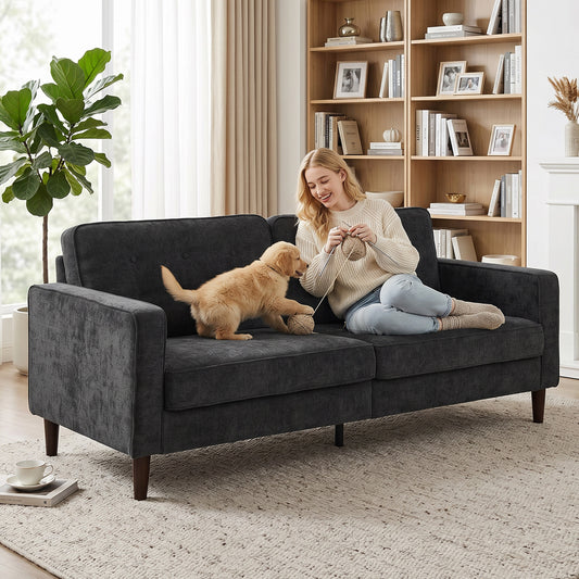 3 Seater Sofa, Upholstered Small Couch for Bedroom, Modern Futon Sofa Settee with Padded Cushion, Button Tufting and Wood Legs for Living Room, Dark Grey