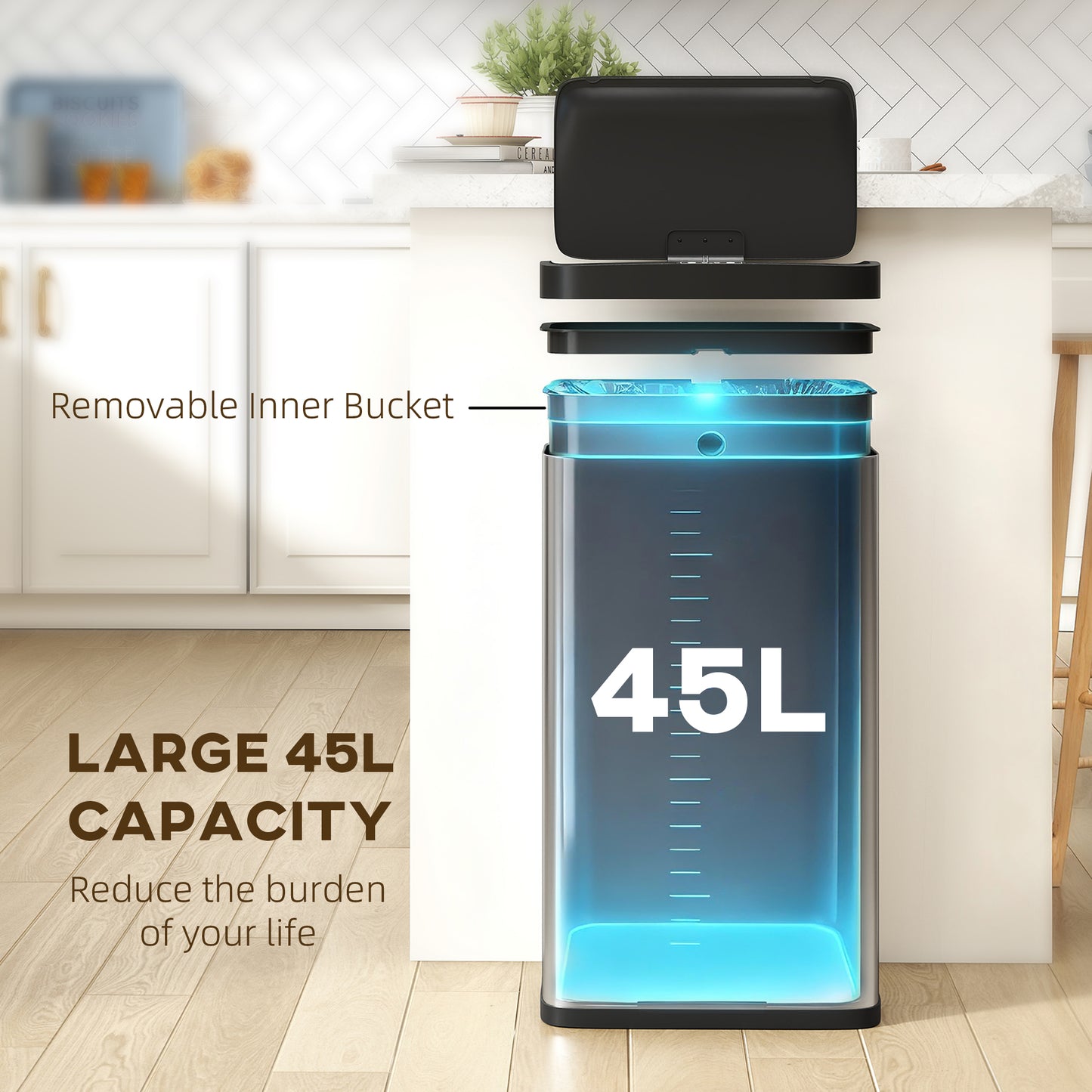 45L Sensor Bin, Stainless Steel Kitchen Bin with Automatic Close