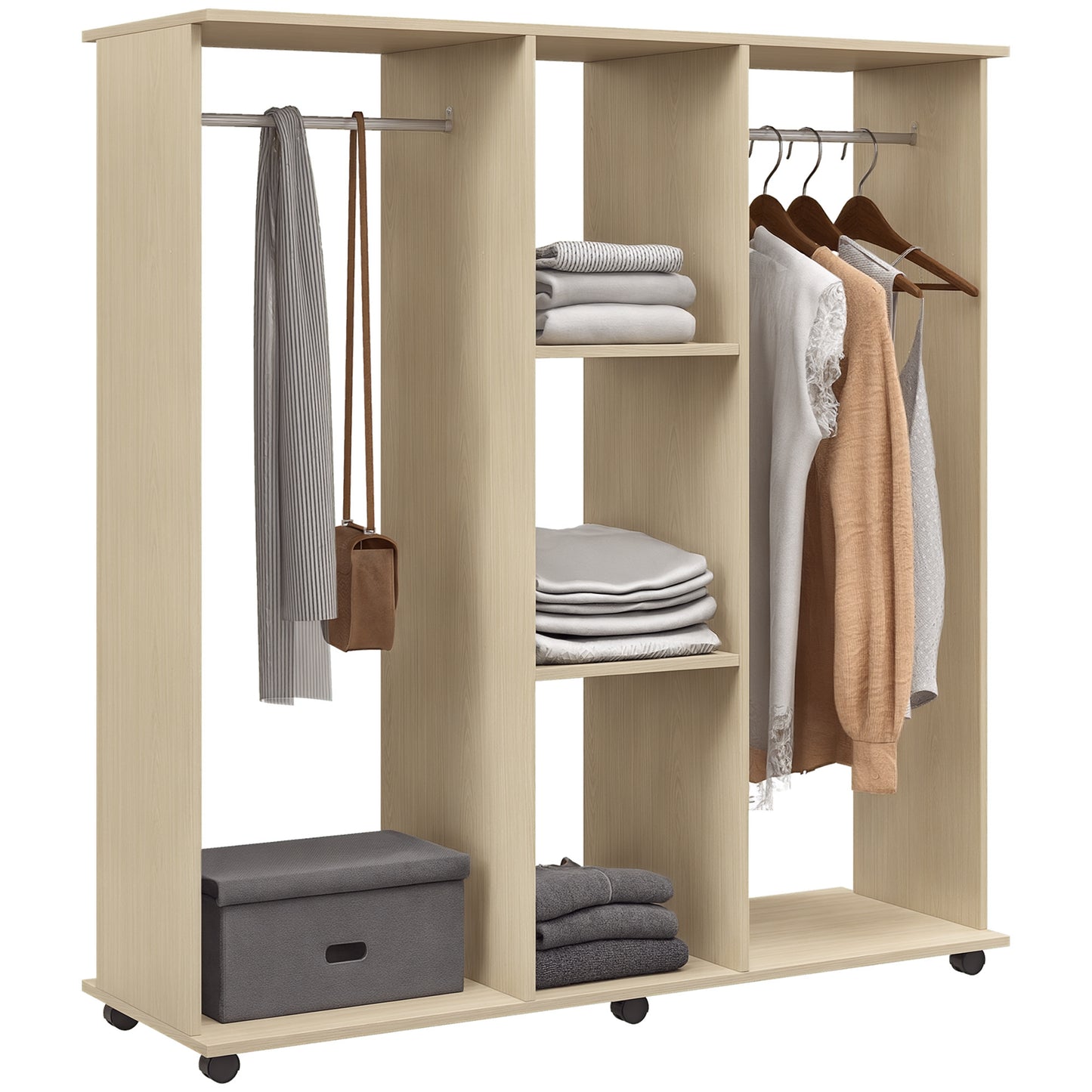 Mobile Double Open Wardrobe w/ Clothes Hanging Rail Colthing Natural
