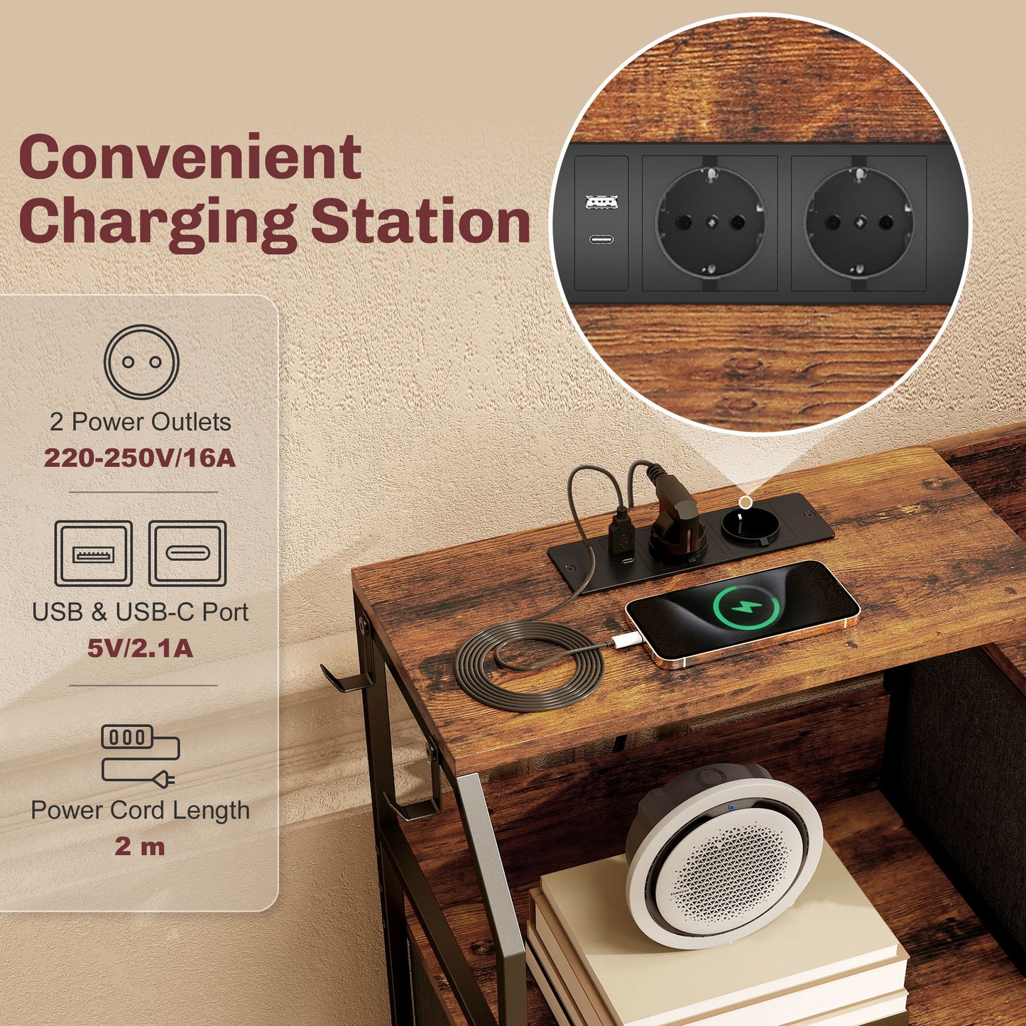 Fabric Chest of Drawers w/ Charging Station for Bedroom Rustic Brown