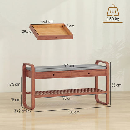 Shoe Bench with 2 Drawers, Shoe Storage Bench with Cushioned Seat, Storage Shelf and Bamboo Frame, 130 kg Weight Capacity, 105 x 33.2 x 55 cm, Dark Brown and Grey
