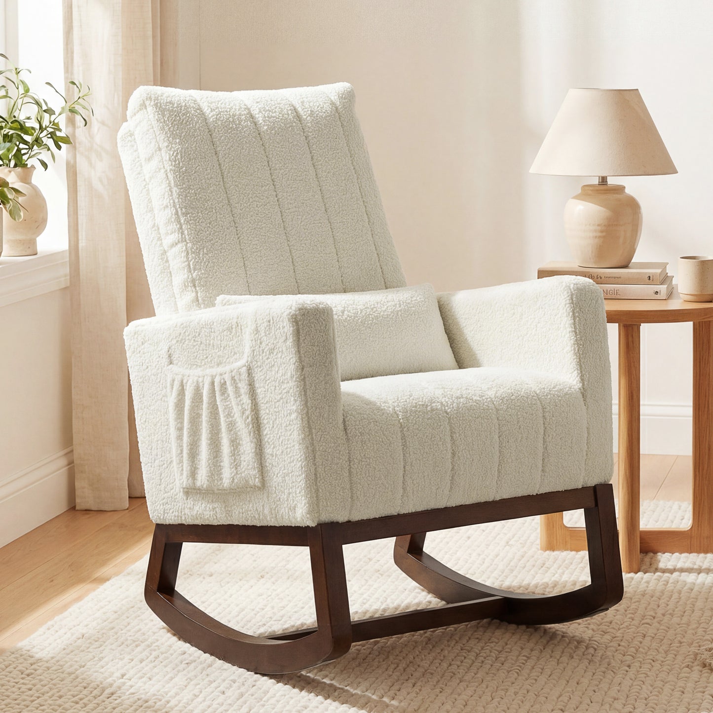 Rocking Chair for Adults, Lounge Rocker w/ Lumbar Pillow, Cream White