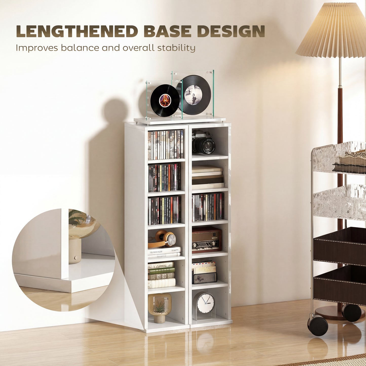 Set of 2 CD Storage Units with Adjustable Shelves, High Gloss White