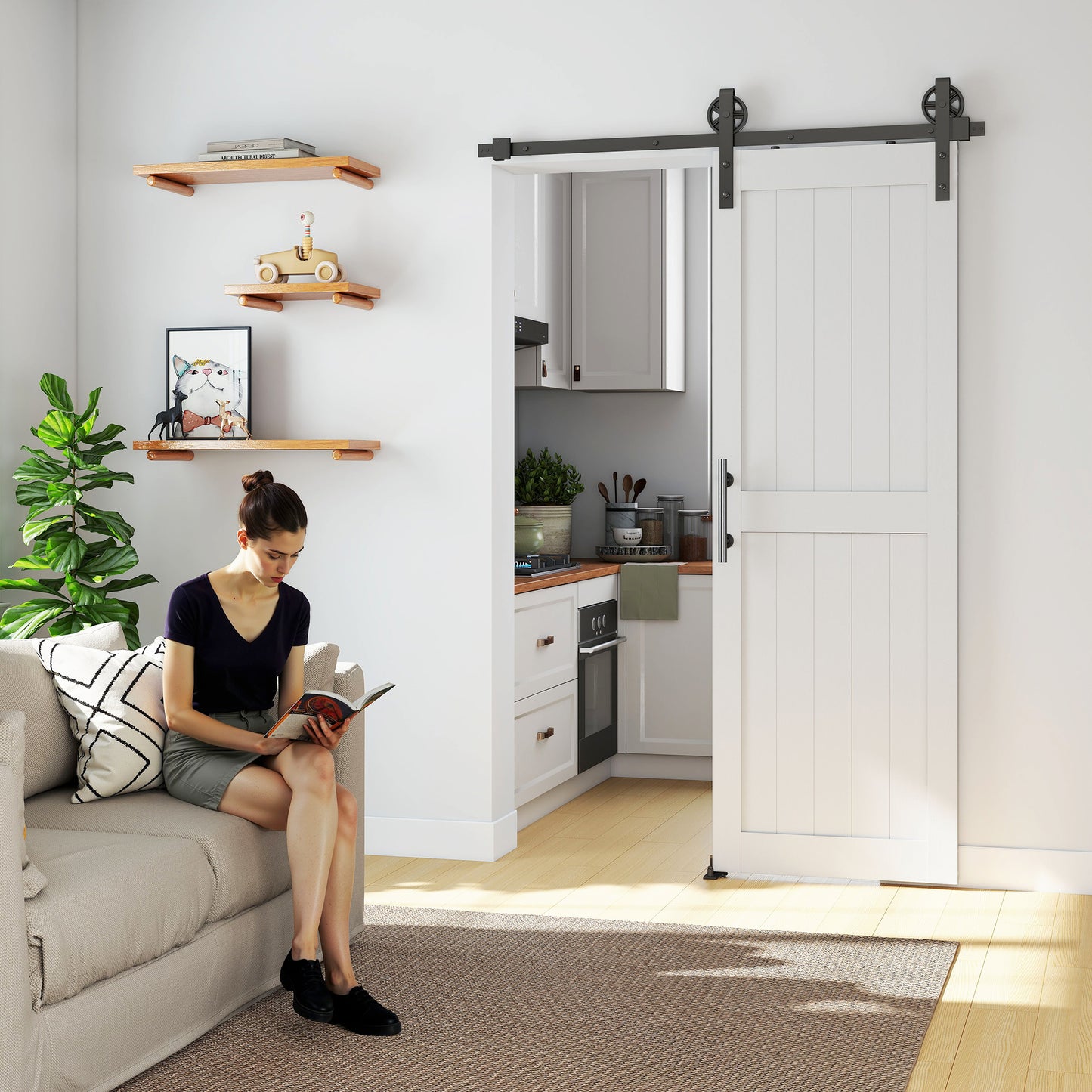 152.4cm Sliding Barn Door Kit, Sliding Door with Track, Hardware, Upgraded Rollers and Floor Guide, Industrial Handle, Water-Proof PVC Surface, White