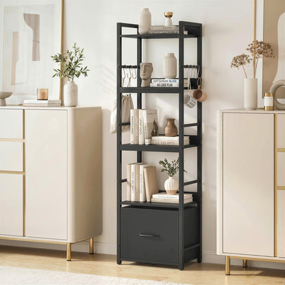 4-Tier Bookshelf, Shelving Unit with Drawer, 8 Hooks, Black