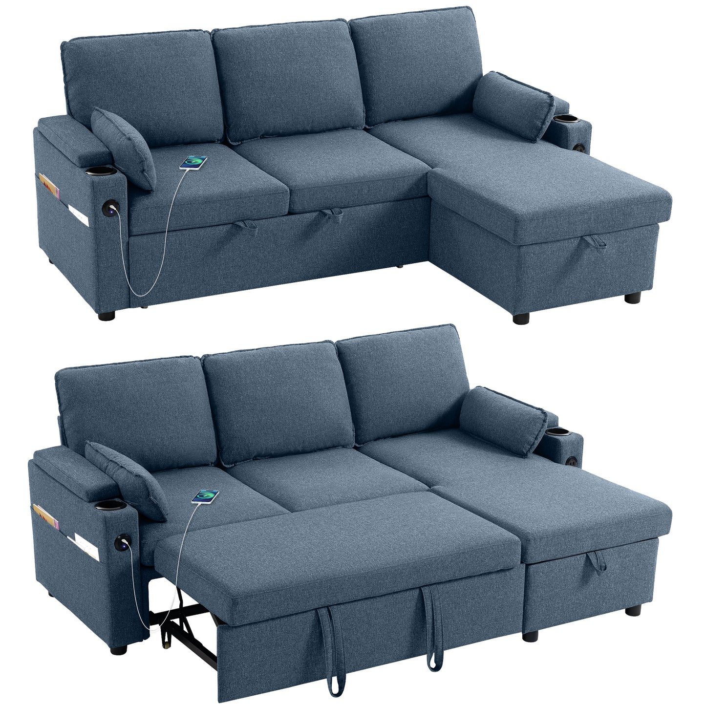 Corner Sofa Bed, L Shaped Sofa with Storage Chaise, USB Ports, Blue