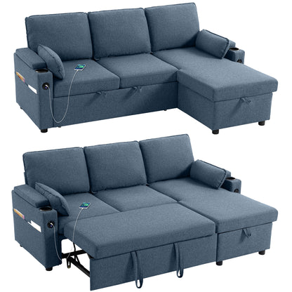Corner Sofa Bed, L Shaped Sofa with Storage Chaise, USB Ports, Blue