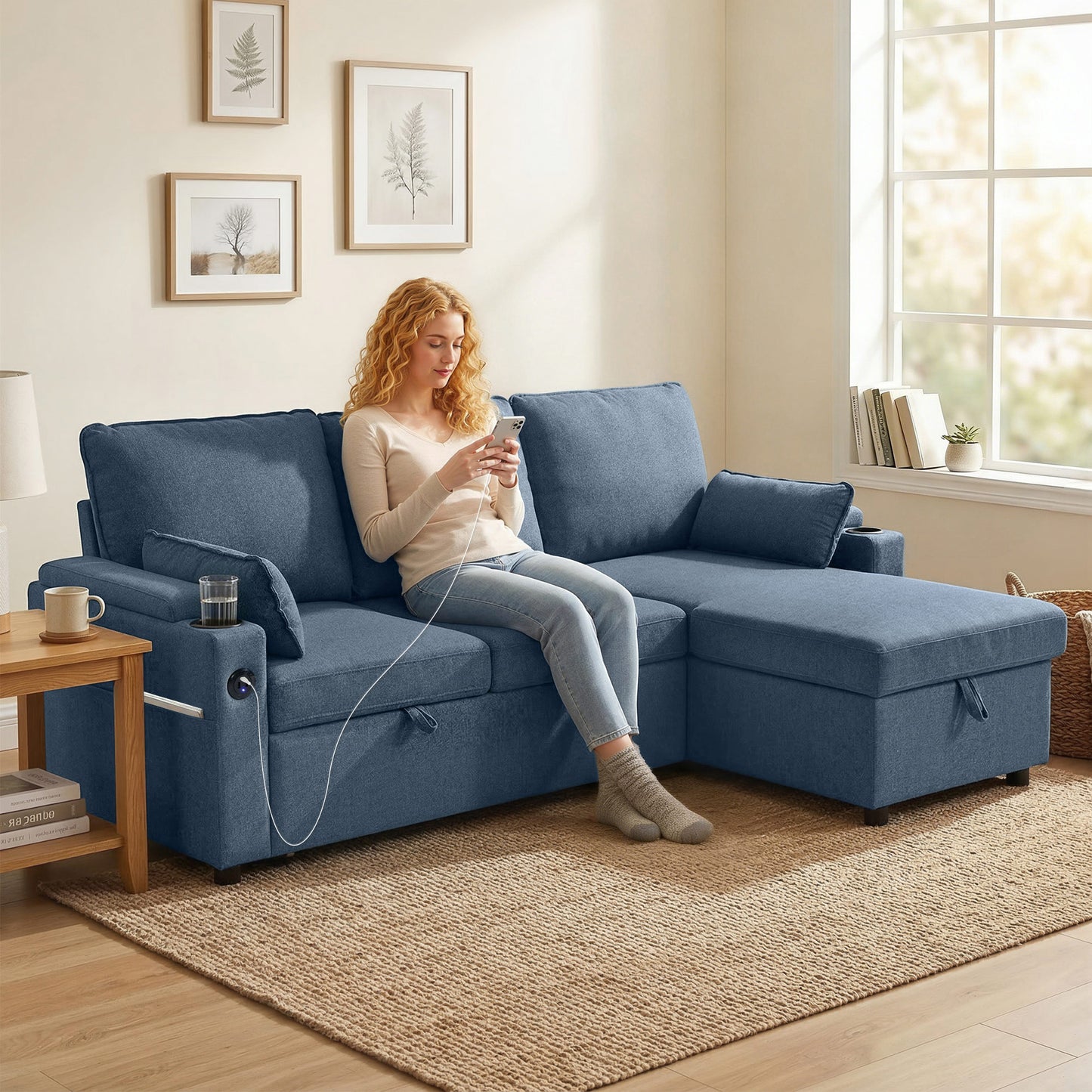 Corner Sofa Bed, L Shaped Sofa with Storage Chaise, USB Ports, Blue