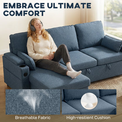 Corner Sofa Bed, L Shaped Sofa with Storage Chaise, USB Ports, Blue