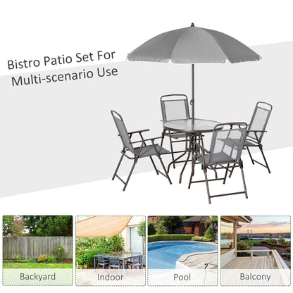 6 Piece Patio Dining Set with Garden Umbrella 4 Folding Chairs, Grey