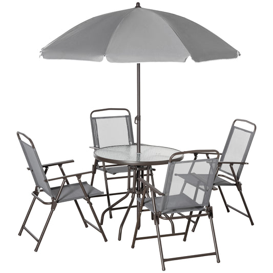 6 Piece Patio Dining Set with Garden Umbrella 4 Folding Chairs, Grey
