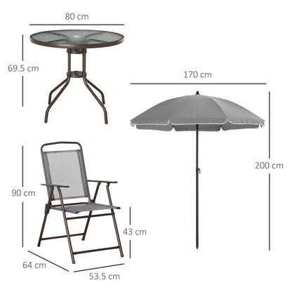 6 Piece Patio Dining Set with Garden Umbrella 4 Folding Chairs, Grey
