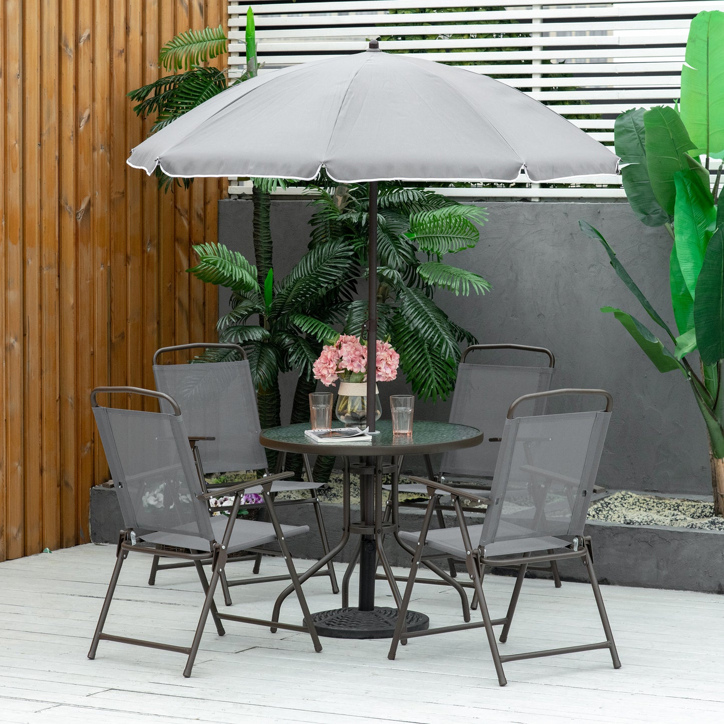6 Piece Patio Dining Set with Garden Umbrella 4 Folding Chairs, Grey