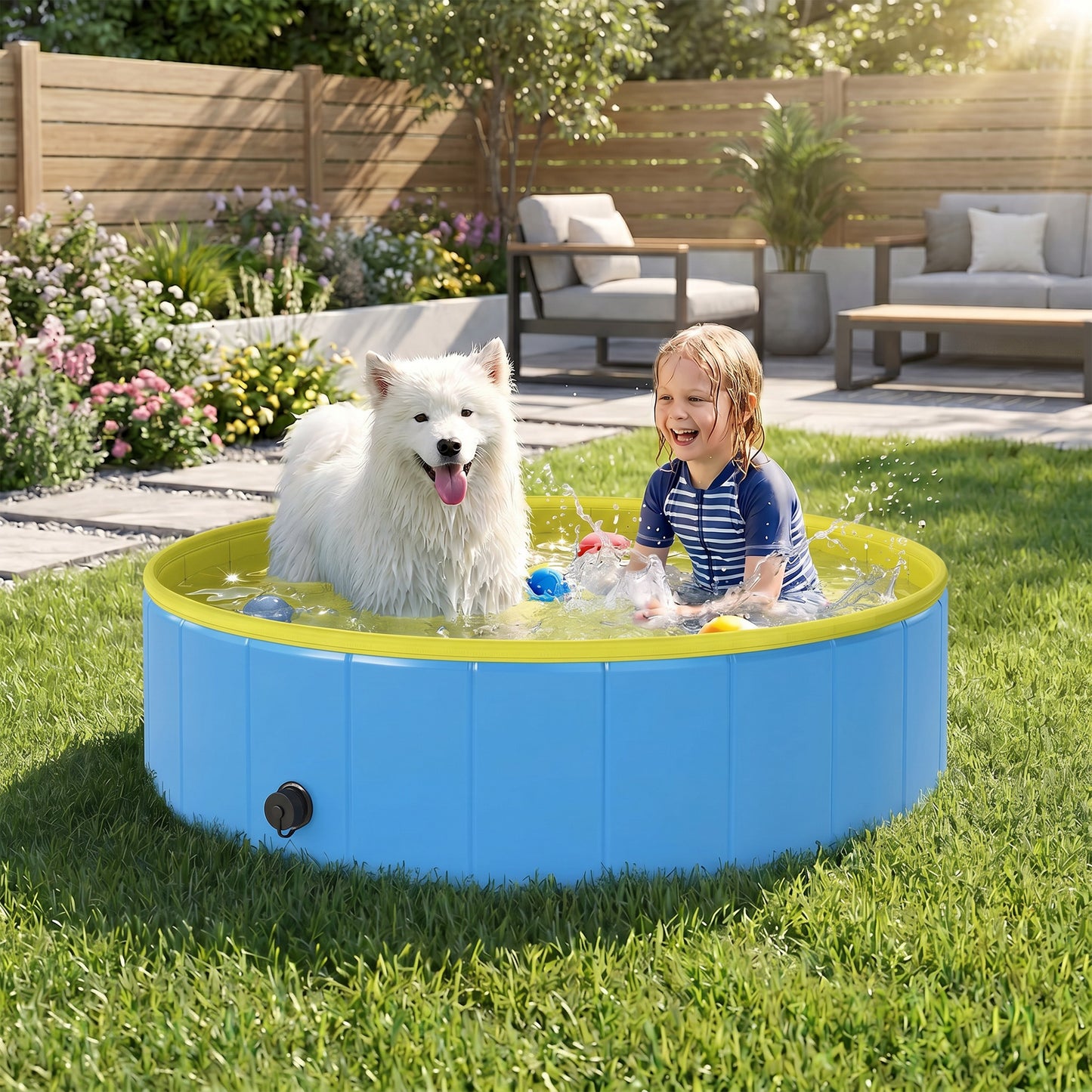 Foldable Dog Pool for Puppies and Ducks, Thickened PVC Dog Paddling Pool Bath Tub Hard Board, Anti-Slip Bottom and Hose Adapter for Easy Drainage, 120 x 30cm, Blue and Yellow