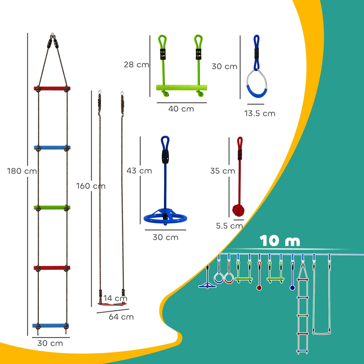 10 Piece Zip Line Kit for Kids, for Outdoor Garden, Multicolour