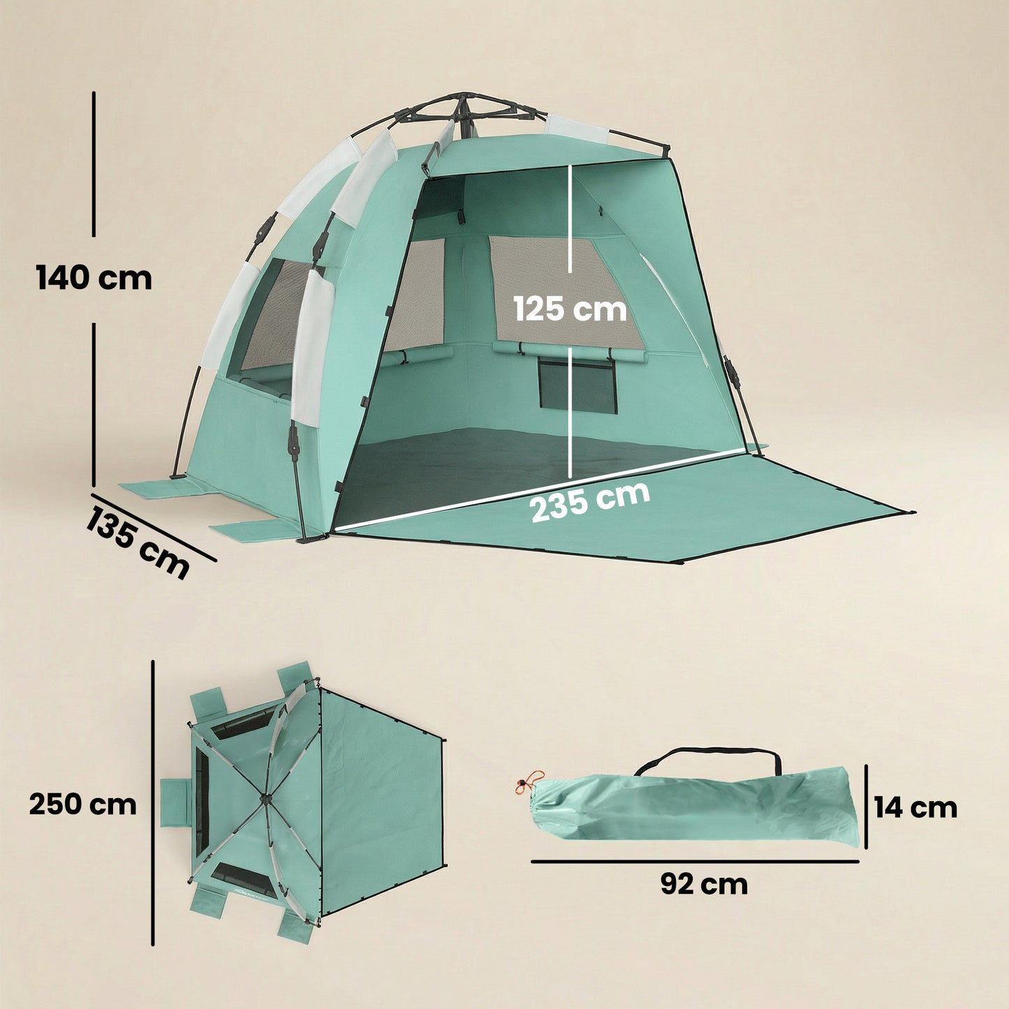 Pop Up Beach Tent for 2-3 Person with Carry Bag, UPF15+, Green