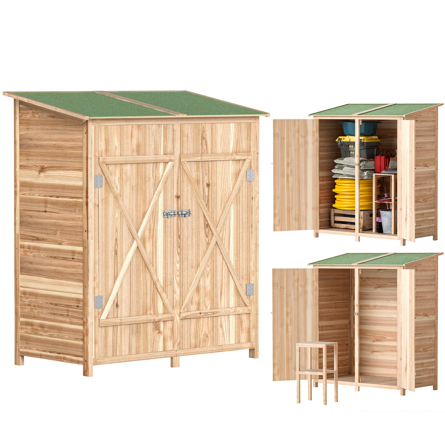 Garden Storage Shed Tool Organizer w/ Table, 140x75x157cm, Natural