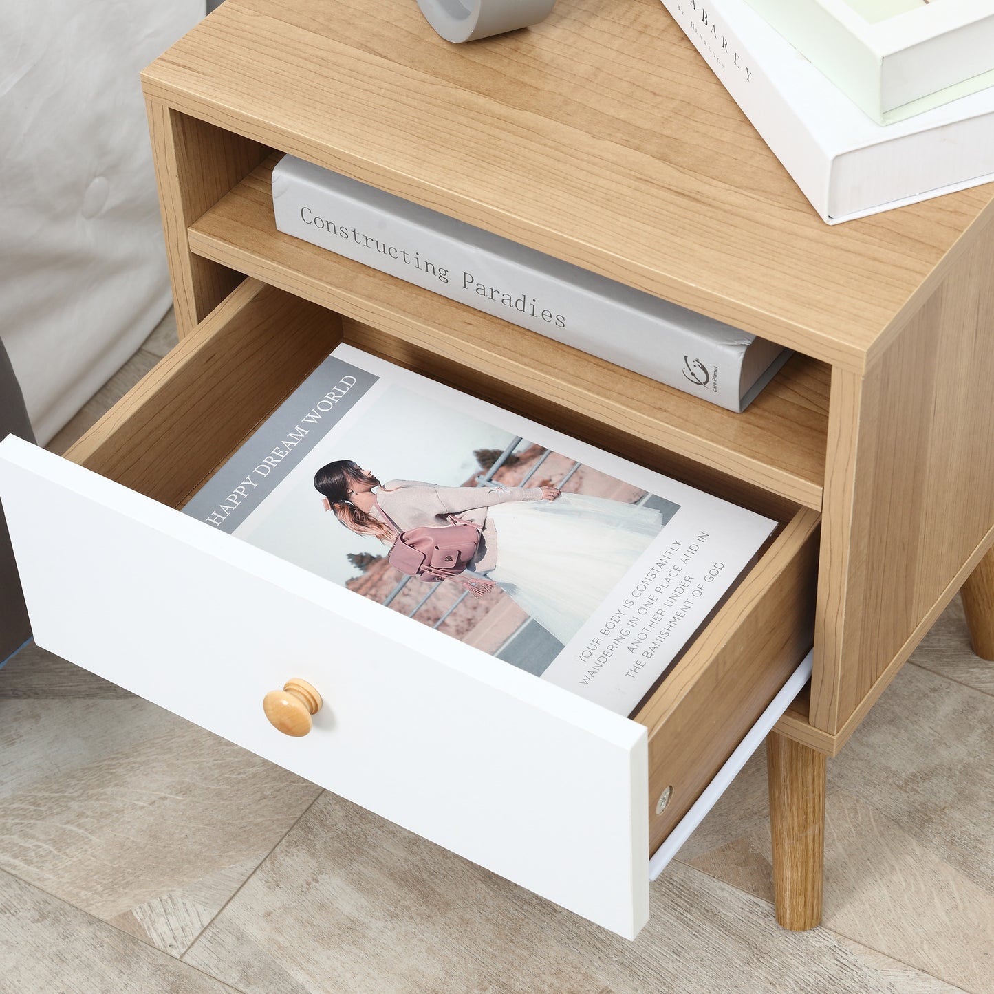 Bedside Table Modern Nightstand Bedside Cabinet w/ Drawer Shelf Natural