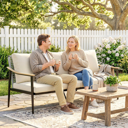 3 Seater Rattan Garden Sofa with Wood-Effect Arms, Cushions, Khaki