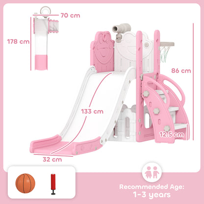 5 in 1 Toddler Slide Set with Basketball Hoop for Age 1-3, Pink