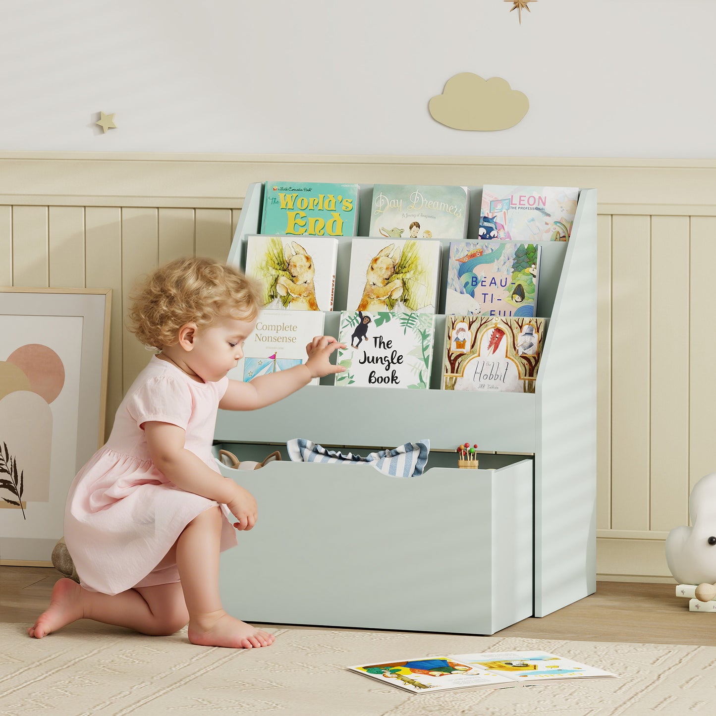 Kids Bookcase w/ 3 Tier Shelves, Drawer, for Bedroom, Nursery, Green