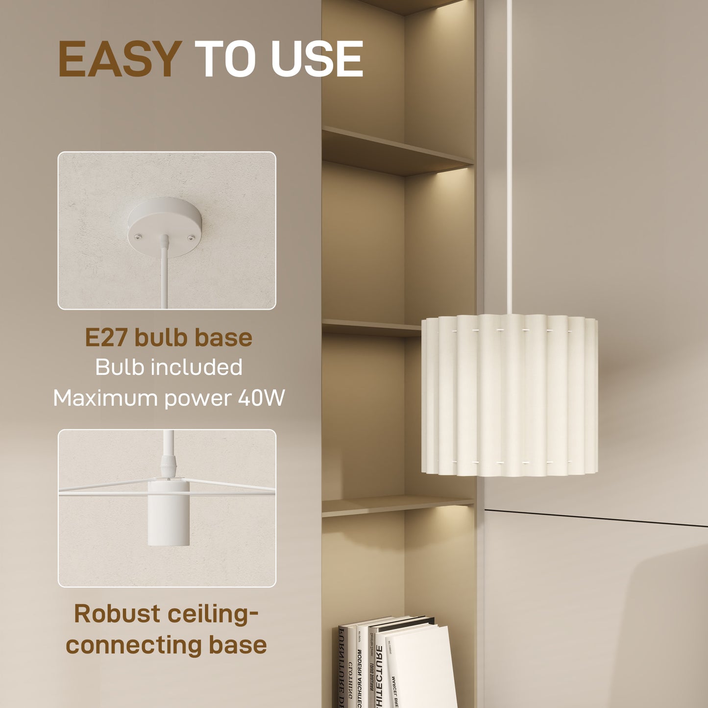 Linen Pendant Light, E27 Lampshade for Living Room, Bedroom, White