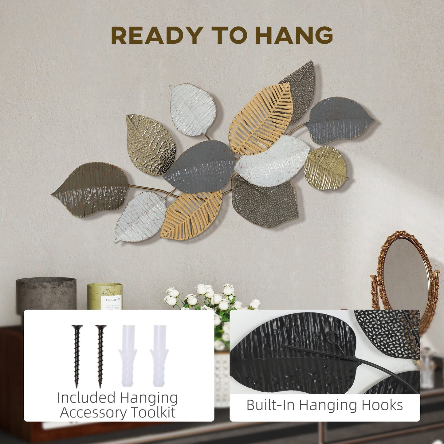 Modern Wall Art with Leaf Design, Metal Hanging Decoration