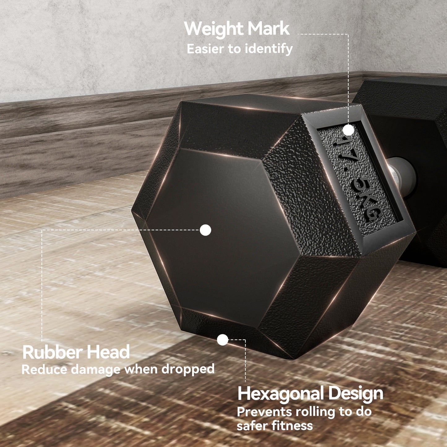 35KG Rubber Hex Dumbbell Portable Hand Weights Home Gym