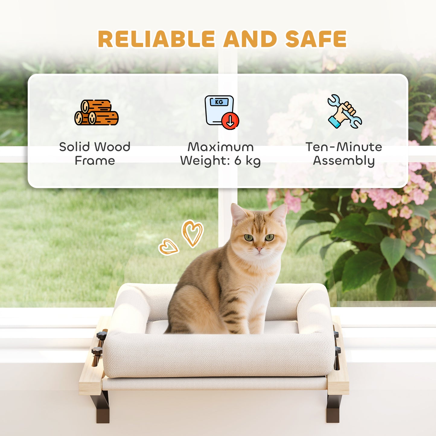 Cat Radiator Bed, Adjustable Hanging Cat Hammock with Solid Wood Frame, Removable and Machine Washable Cushion for Indoor Cats and Kittens, Cream White