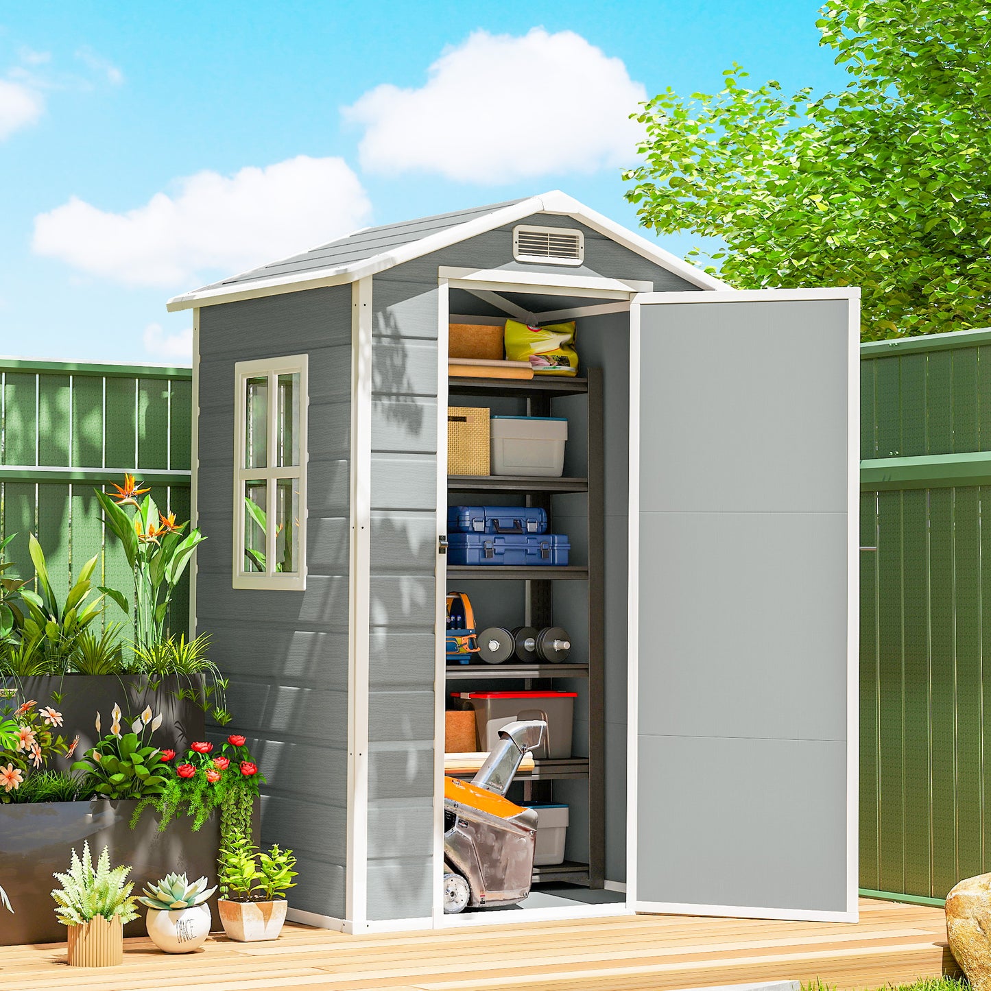 4 x 3 ft Plastic Small Garden Shed with Lockable Door, Light Grey