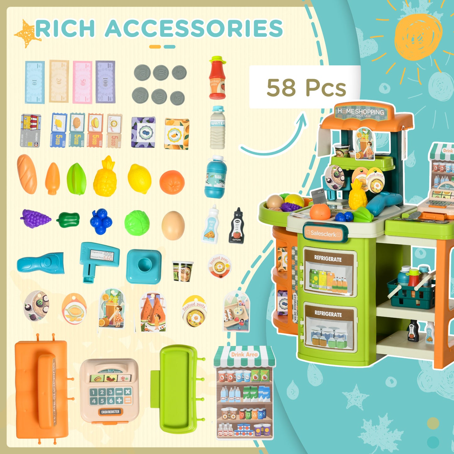 AIYAPLAY Cash Register for Kids Children Trolley, 58 Pcs Foldable Toy Shop Pretend Play Till w/ Scanner, Beverage Food Vegetable, for Kids Aged 3-6