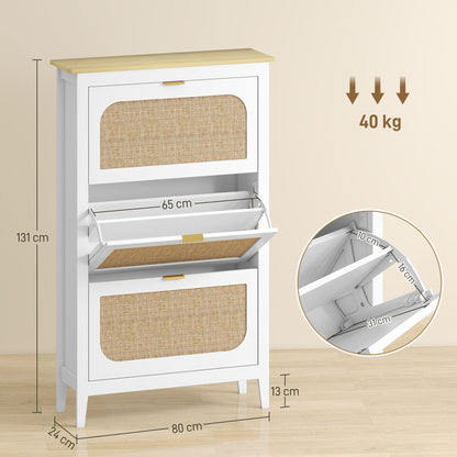 Shoe Storage Cabinet with 3 Flip Drawers, Boho Slim Shoe Cabinet with Rattan Doors for Entryway, Hallway, Holds 21 Pairs, White