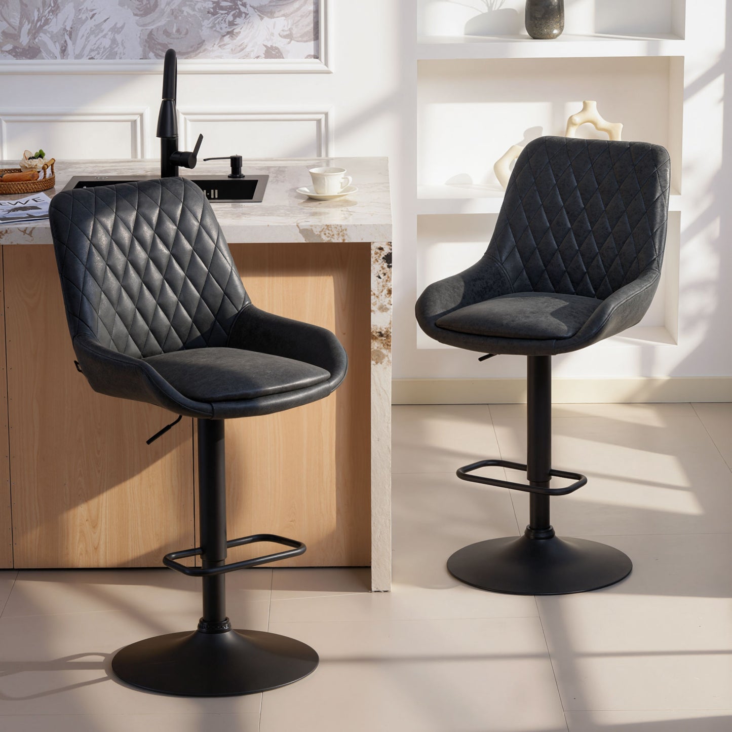 Bar Stools Set of 2, Adjustable Bar Chairs 360 Degree Swivel Black