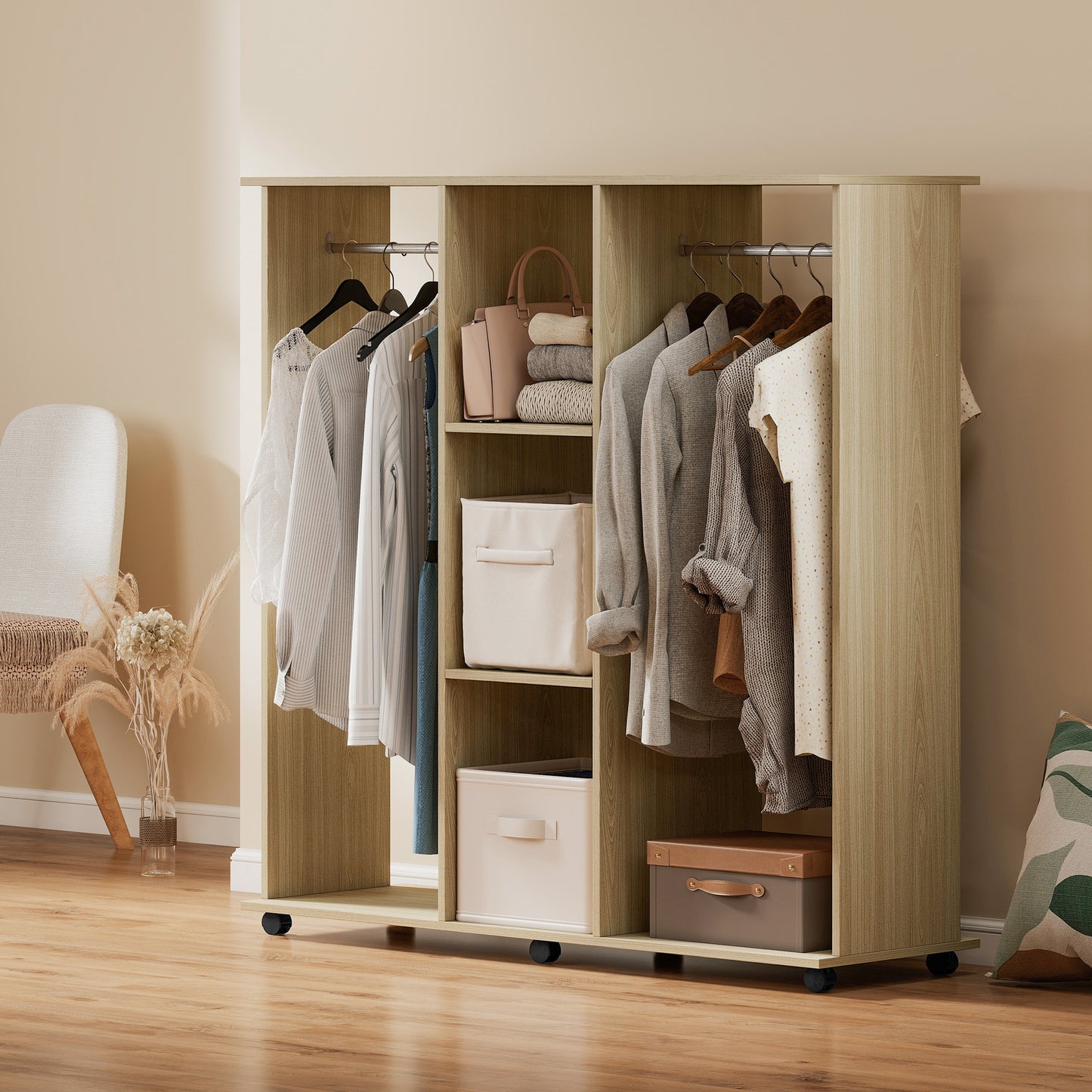 Mobile Double Open Wardrobe w/ Clothes Hanging Rail Colthing Natural
