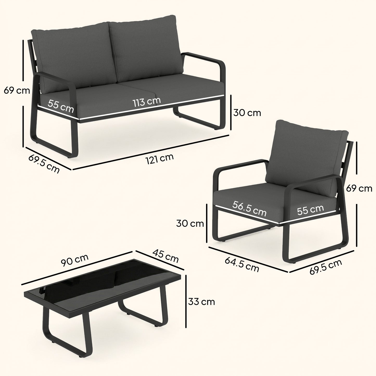 4 Piece Garden Furniture Set, Outdoor Sofa Set, Black