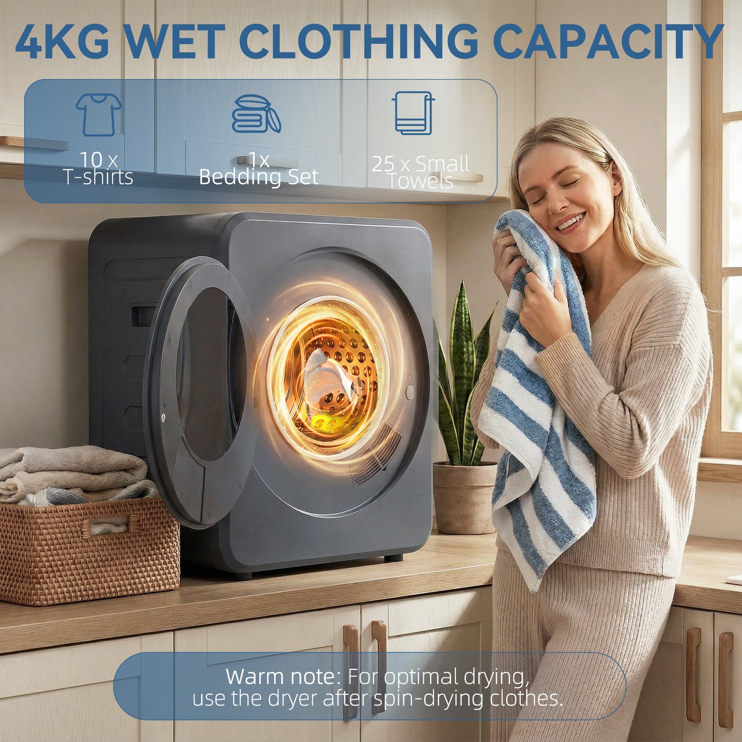 800W Compact Dryer Machine, 4kg Small Vented Tumble Dryer, Grey