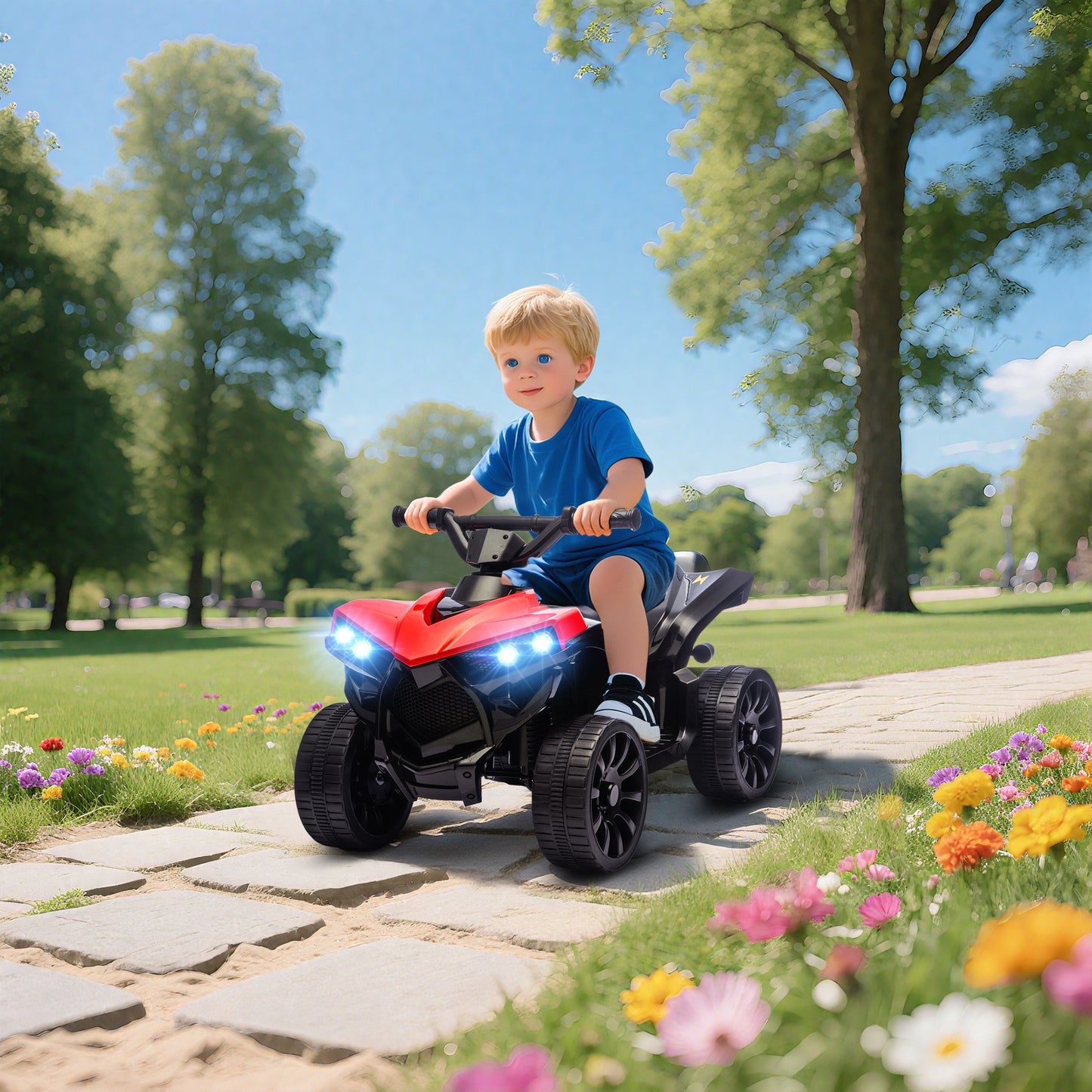 6V Electric Ride on Car, Kids ATV 4 Wheeler with Music and LED Headlights, Indoor Outdoor Toy Car for Ages 3-8 Years Boys and Girls, Red