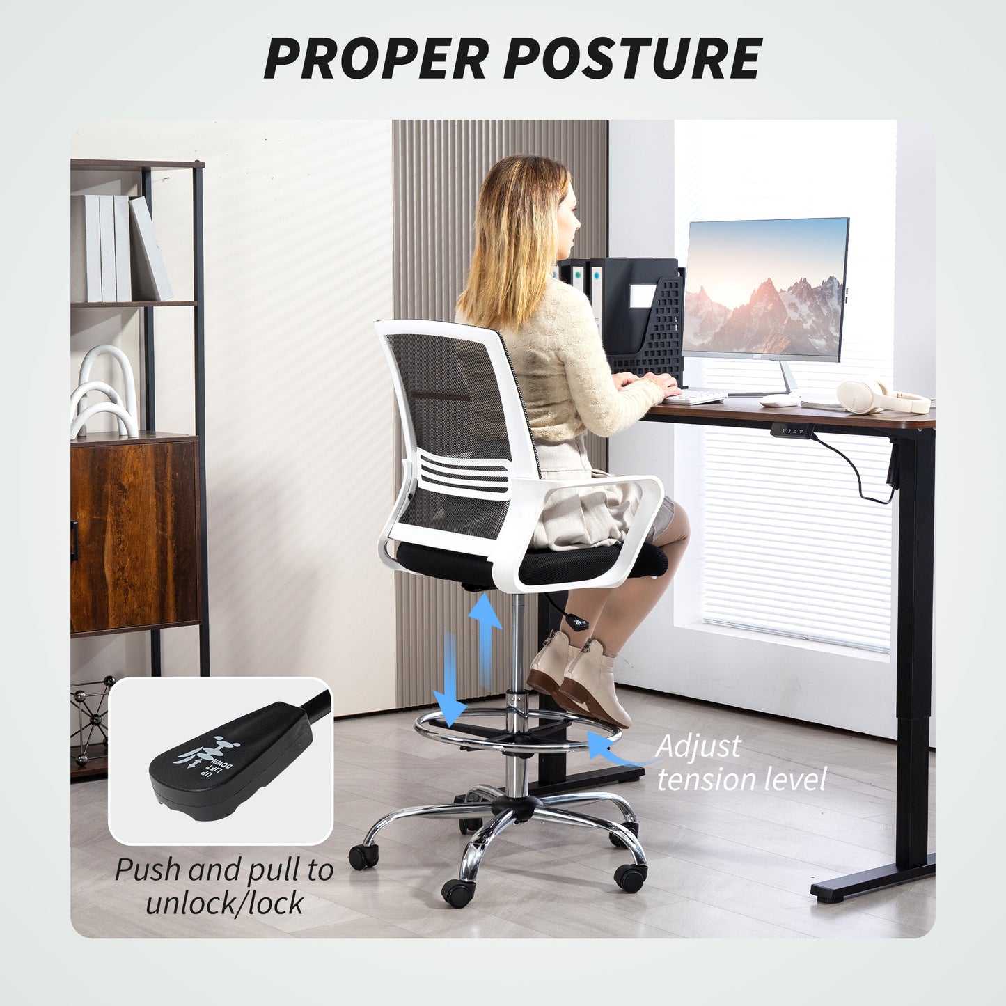 Draughtsman Chair, Mesh Ergonomic Drafting Chair, Black